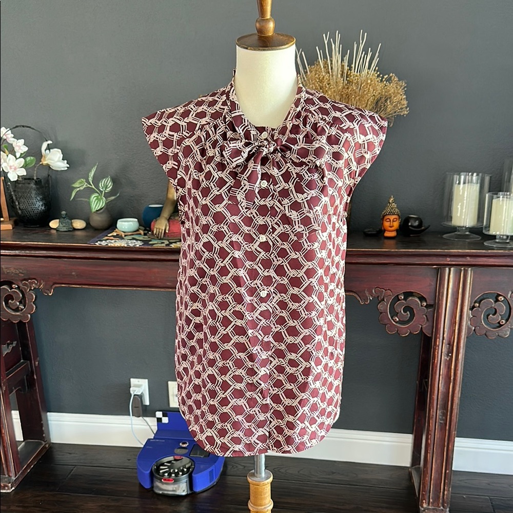 J. Crew Burgundy and White Geometric Blouse